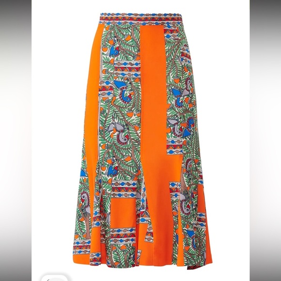Tory Burch Orange and Blue Midi A-Line Jada Tropical Pattern Skirt Size Small - Picture 4 of 11